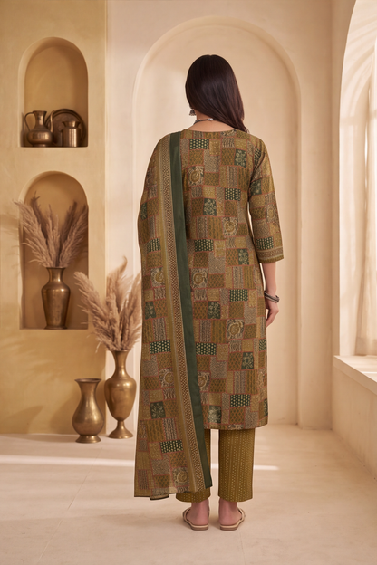 Olive Green Patchwork Print Cotton Kurti Set with Matching Dupatta