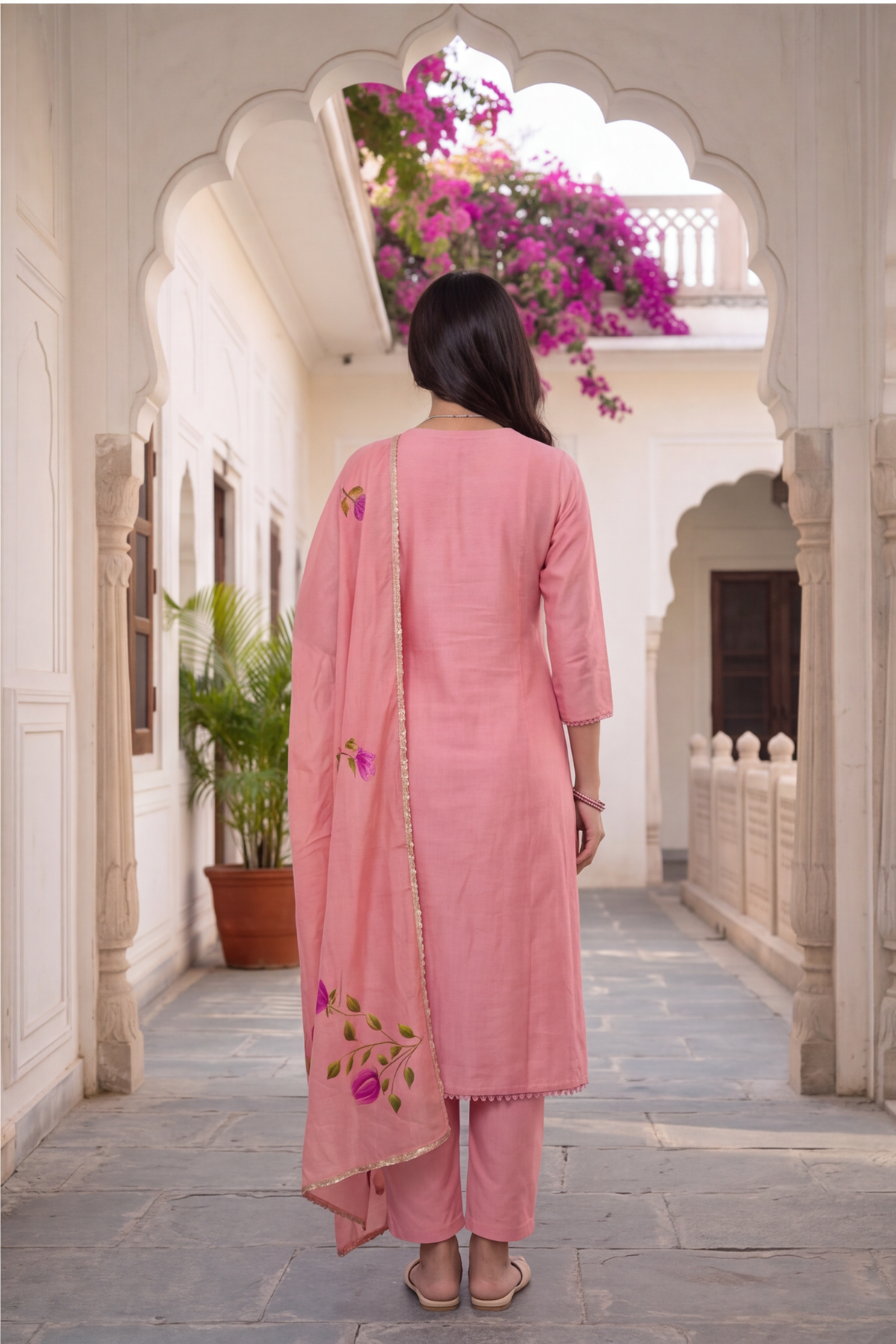 Blush Pink Hand-Painted Floral Silk Blend Kurti Set with Dupatta