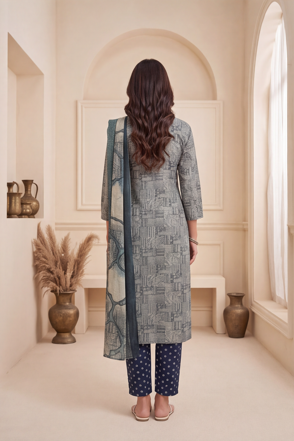 Sea Green Geometric Printed Cotton Kurti Set with Navy Blue Bandhani Pants &amp; Dupatta
