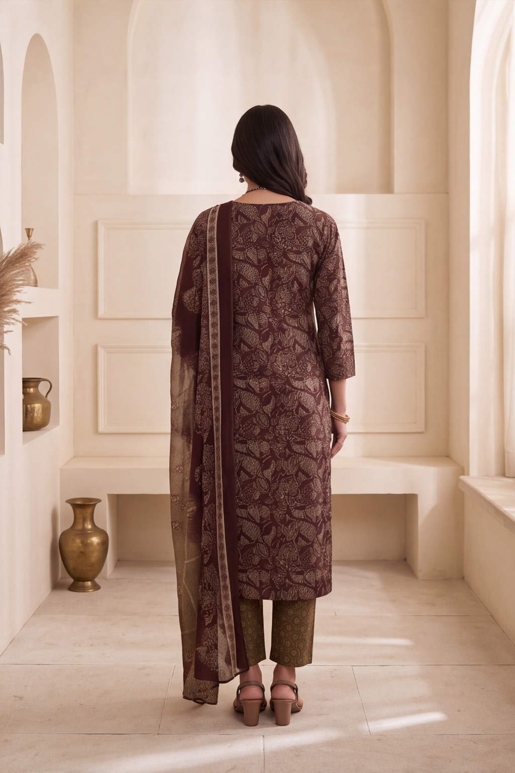 Coffee Brown Floral Block Print Cotton Kurti Set with Matching Dupatta