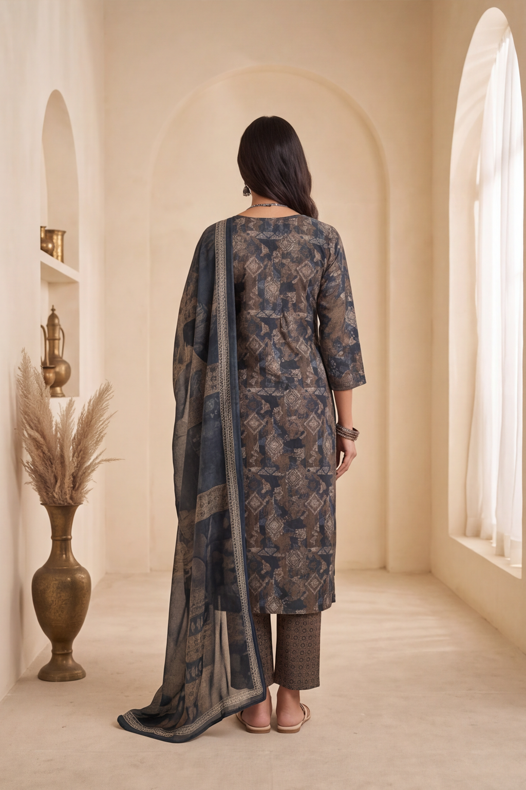 Slate Blue & Charcoal Abstract Geometric Print Cotton Kurti Set with Dupatta