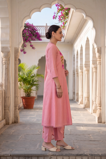 Blush Pink Hand-Painted Floral Cotton Anarkali Kurti Set with Dupatta