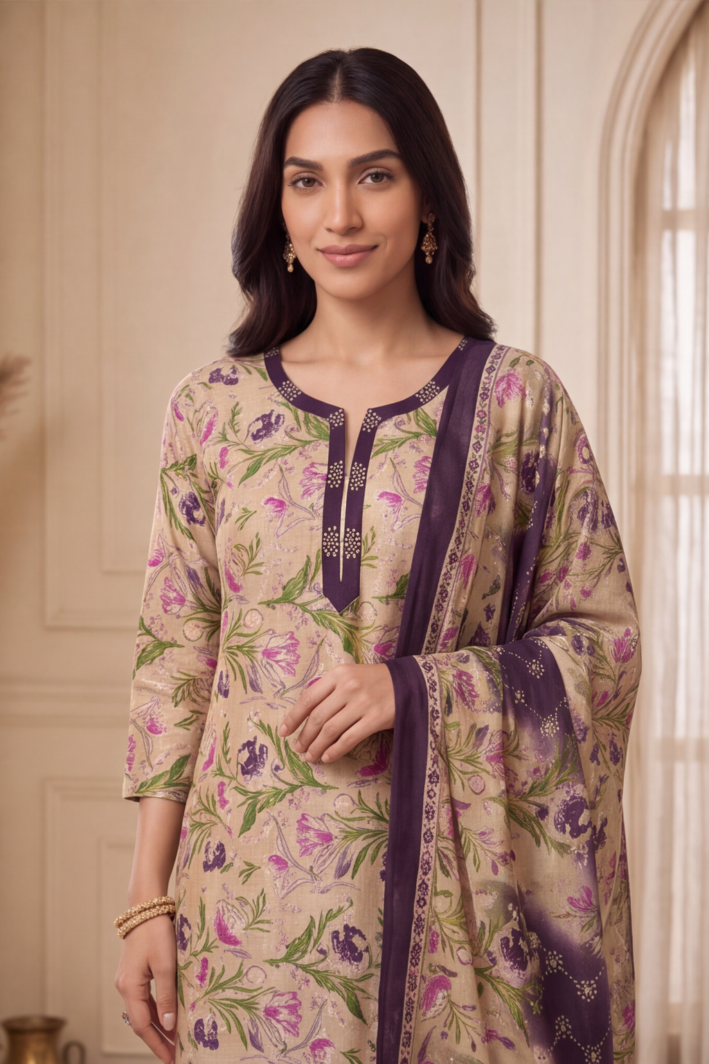 Beige and Purple Floral Printed Cotton Kurti Set with Printed Trousers Dupatta