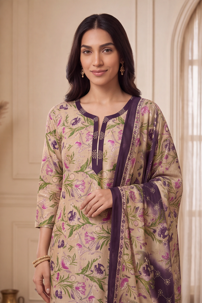 Beige and Purple Floral Printed Cotton Kurti Set with Printed Trousers Dupatta