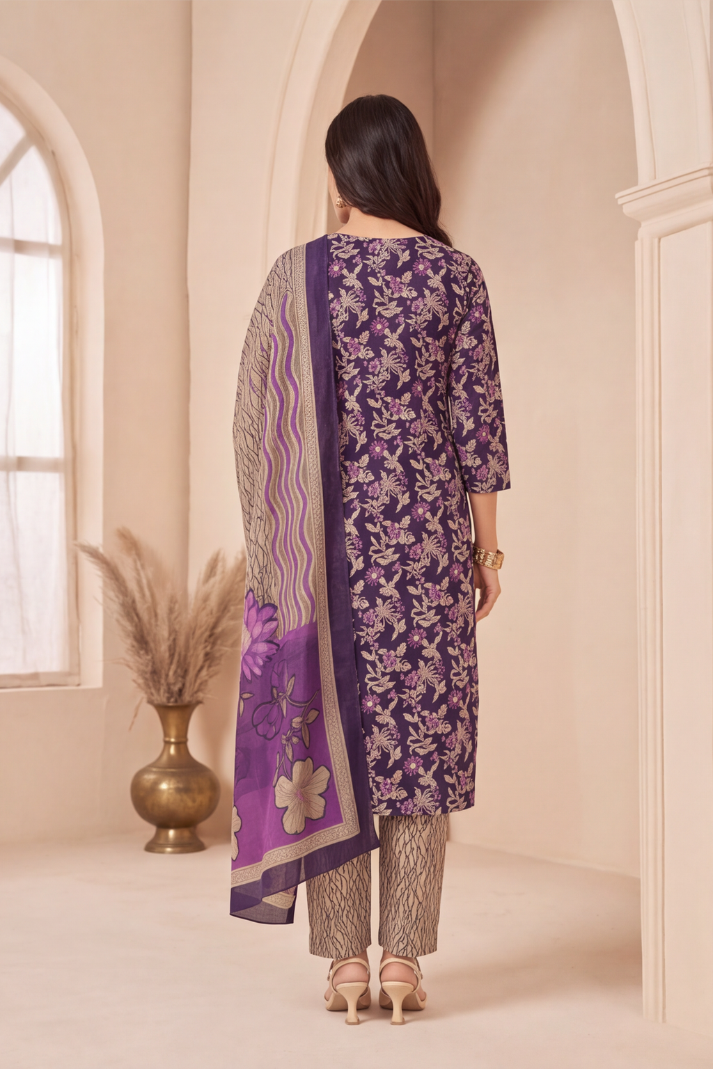 Deep Violet Floral Printed Cotton Kurti Set with Beige Textured Pants &amp; Floral Dupatta