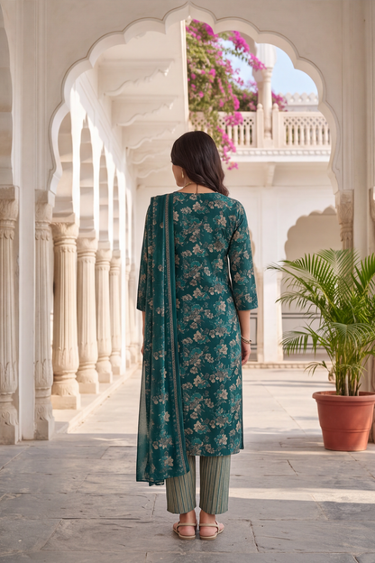 Teal Green Floral Printed Cotton Kurti Set with Matching Dupatta