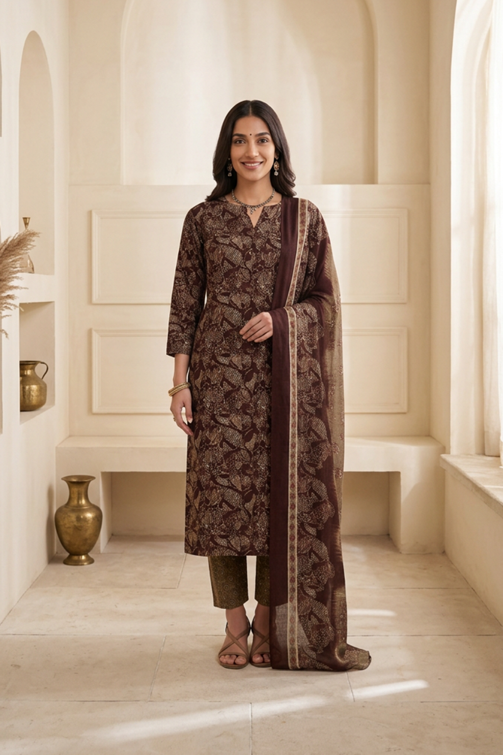 Coffee Brown Floral Block Print Cotton Kurti Set with Matching Dupatta