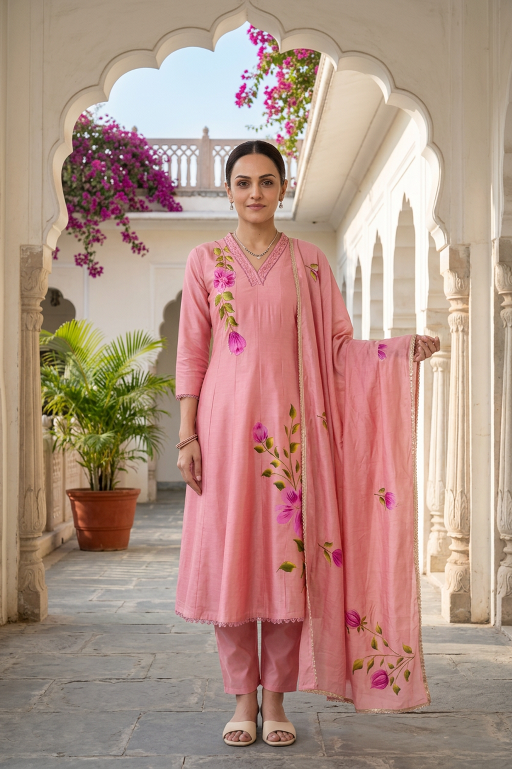 Blush Pink Hand-Painted Floral Cotton Anarkali Kurti Set with Dupatta