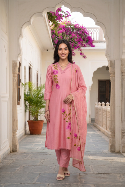 Blush Pink Hand-Painted Floral Silk Blend Kurti Set with Dupatta