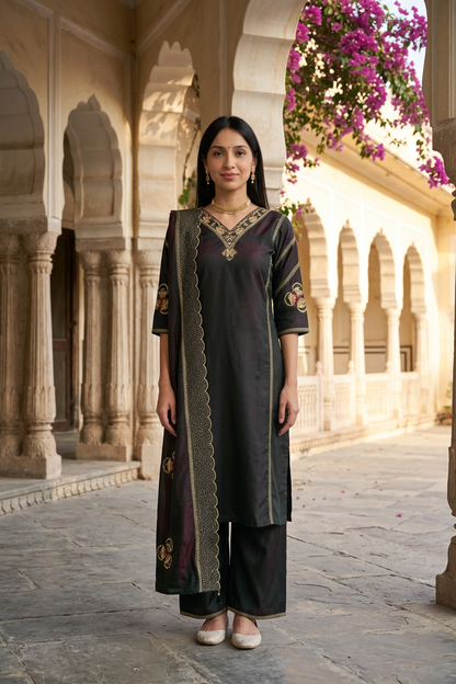 Two-Tone Deep Emerald & Charcoal Oxford Silk Kurti Palazzo Set with Scalloped Dupatta