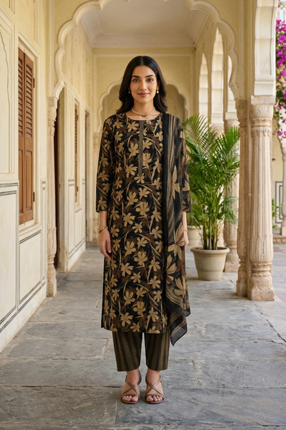 Black Gold Floral Printed Cotton Kurti Set with Striped Trousers & Dupatta