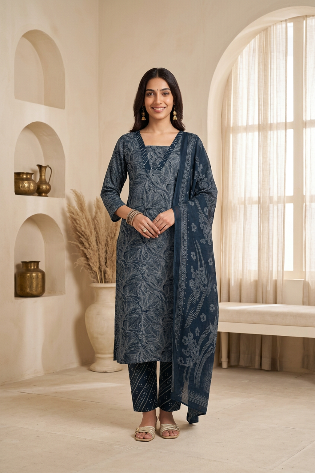Indigo Blue Botanical Print Cotton Kurti Set with Bandhani Trousers &amp; Dupatta