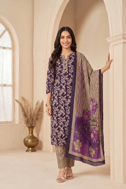 Deep Violet Floral Printed Cotton Kurti Set with Beige Textured Pants &amp; Floral Dupatta