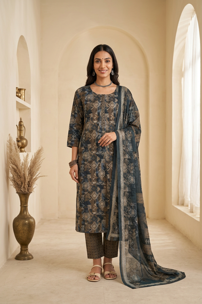 Slate Blue & Charcoal Abstract Geometric Print Cotton Kurti Set with Dupatta