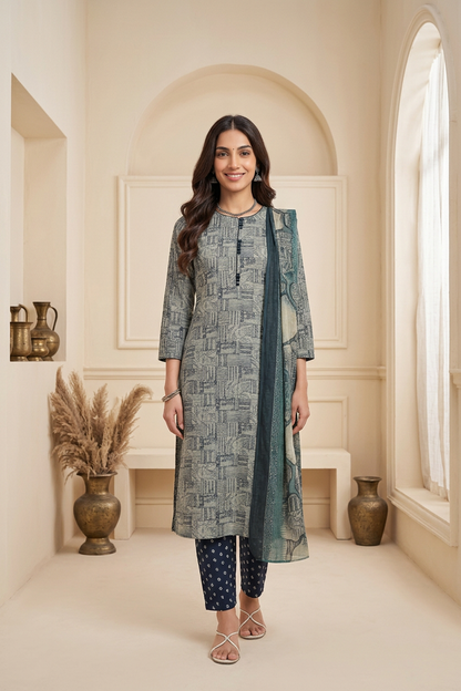 Sea Green Geometric Printed Cotton Kurti Set with Navy Blue Bandhani Pants &amp; Dupatta