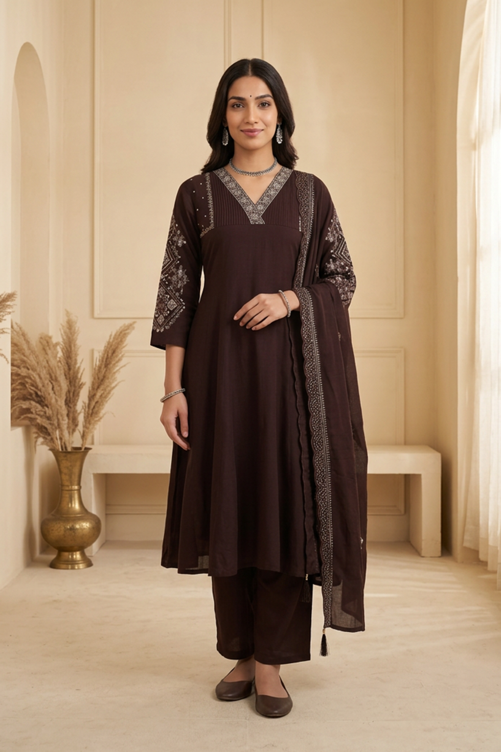 Espresso Brown Silk Blend Anarkali Kurti Set with Embroidered Yoke &amp; Dupatta