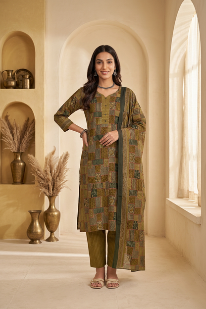 Olive Green Patchwork Print Cotton Kurti Set with Matching Dupatta