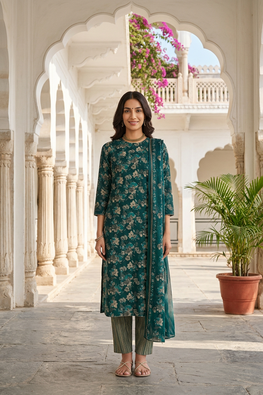 Teal Green Floral Printed Cotton Kurti Set with Matching Dupatta